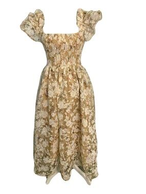 En Saison XS Neutral Chiffon Floral Smocked Ruffle Midi Dress Cottagecore